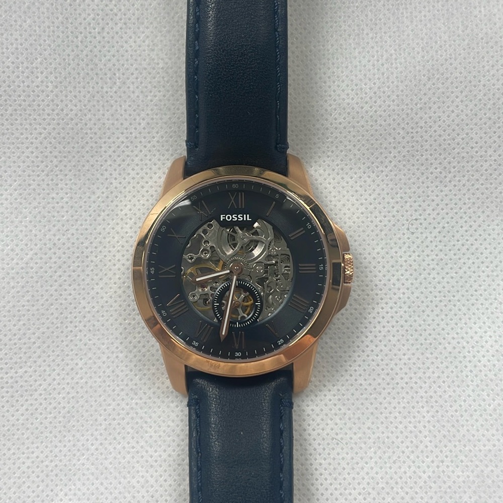 Fossil Skeleton Watch - Rose Gold, Navy Blue Strap